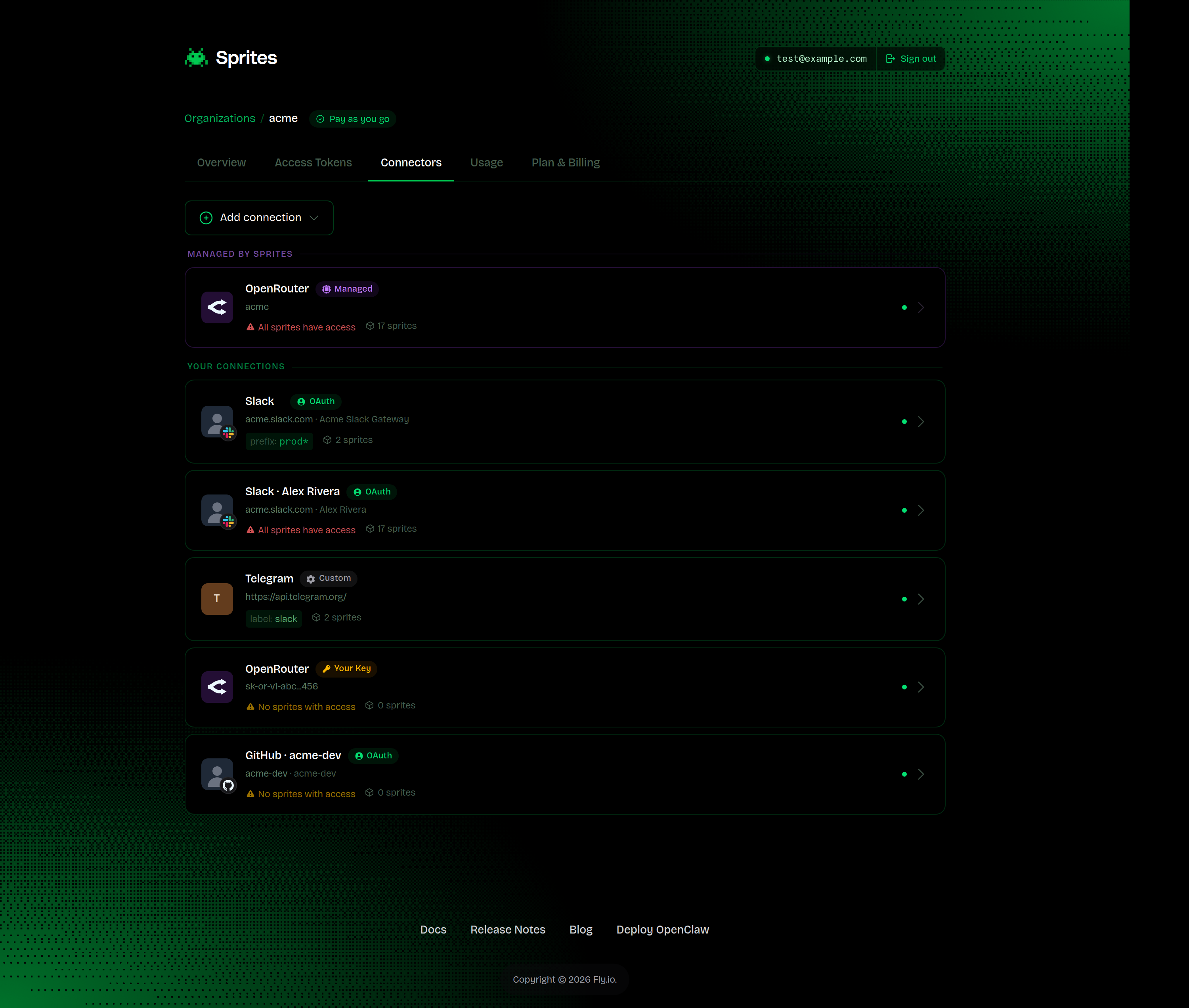 Connectors dashboard listing managed and self-added connectors